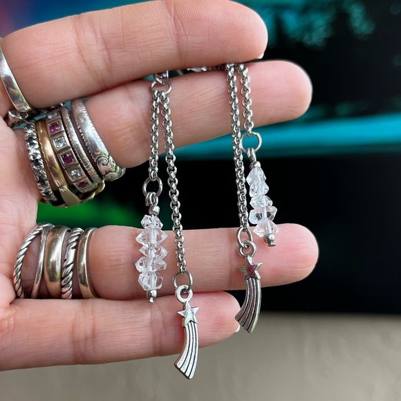 Herkimer diamonds crystal star charm earrings stainless steel post & chains boho - Picture 2 of 8